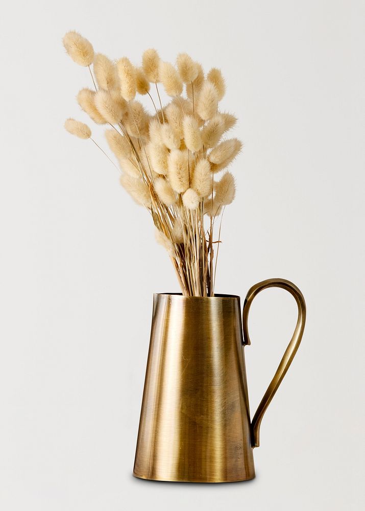 Bunny tail grass in brass kettle vase, home decor