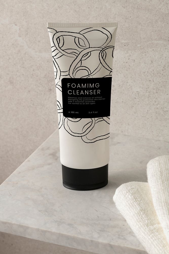 Foaming cleanser, on bathroom shelf
