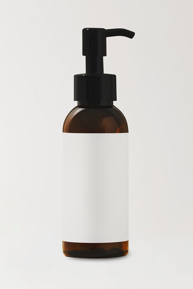 Brown dispenser bottle, blank white label, skincare product packaging