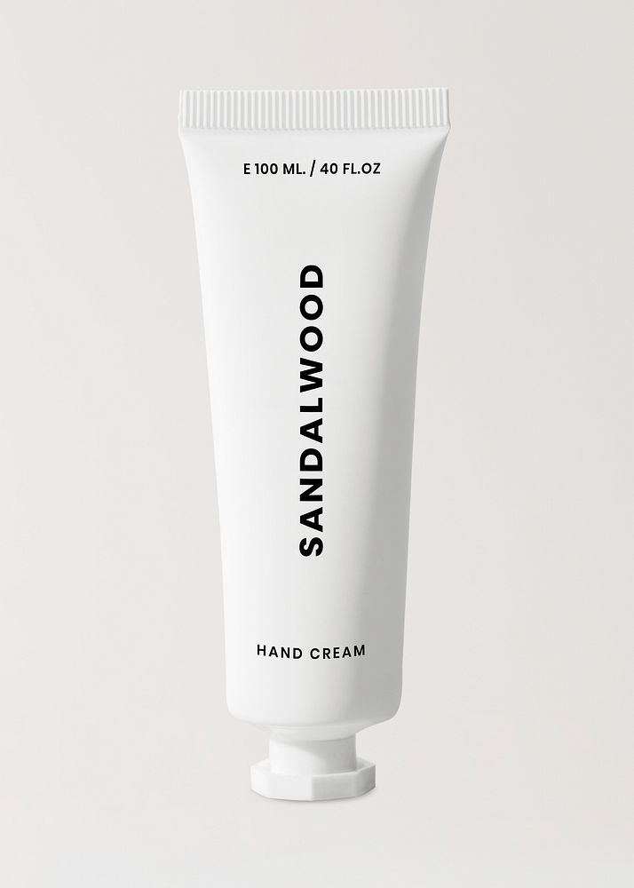 Sandalwood hand cream, white tube, simple skincare packaging design