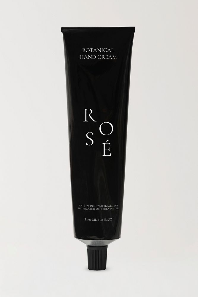 Hand cream, black tube, simple skincare packaging design