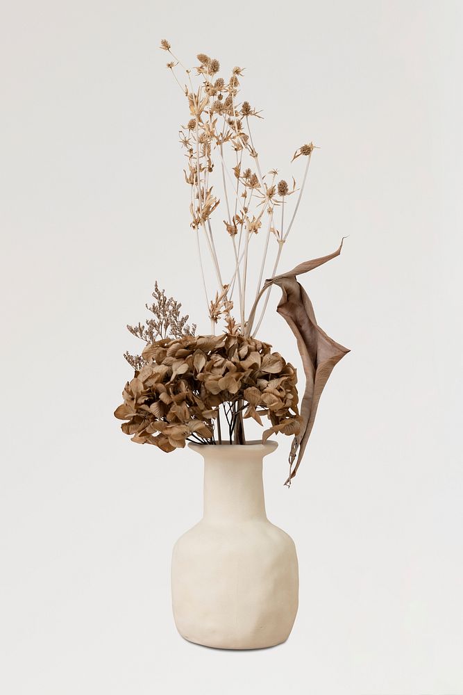 Dried flowers in beige vase, home decor
