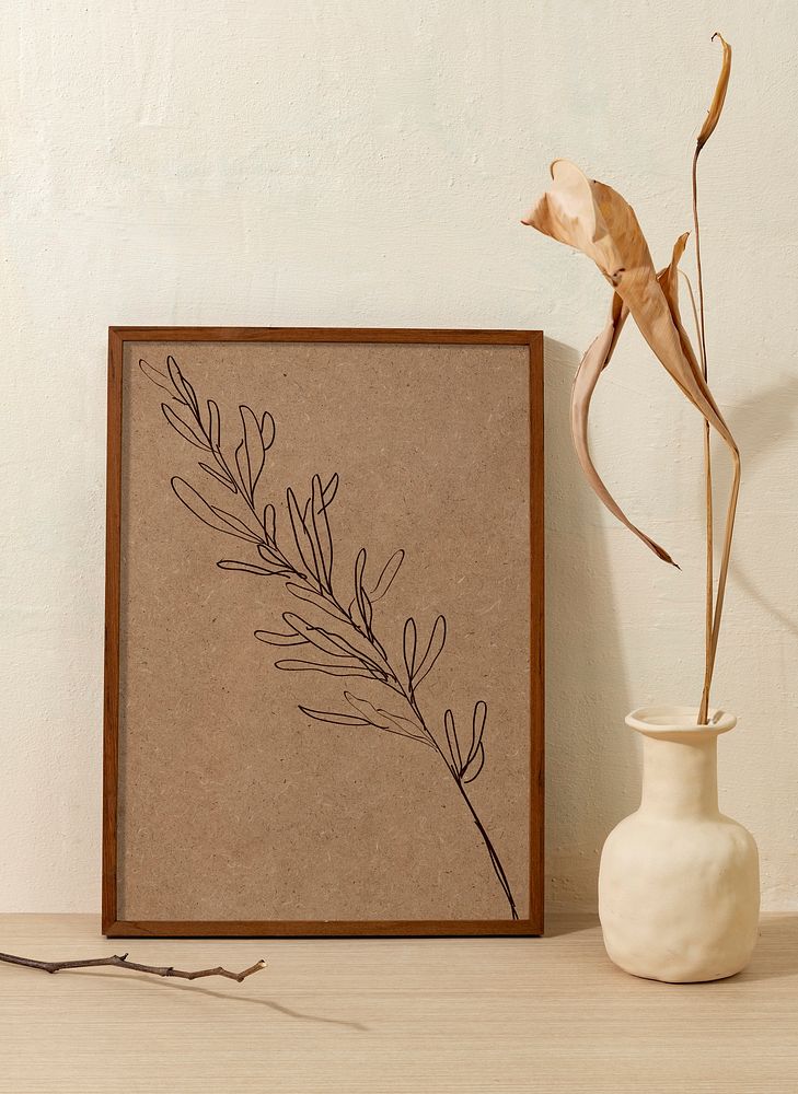 Aesthetic line art, botanical design on a picture frame, beige home decor