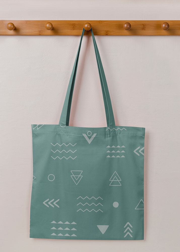 Canvas tote bag, green printed memphis pattern, realistic design