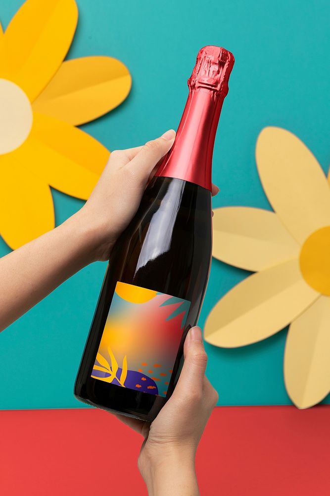 Tropical sparkling wine bottle, beverage packaging design