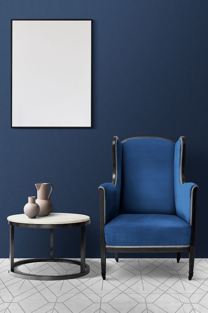Blank frame in blue living room, modern home interior design