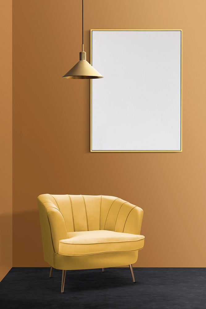 Blank frame in yellow living room, modern home interior design
