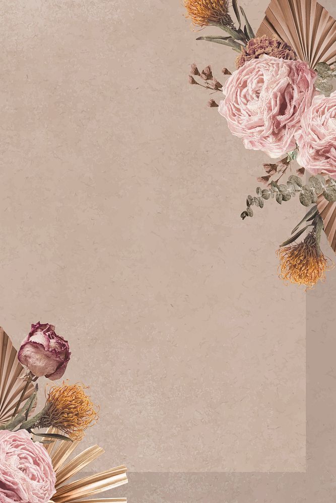 Beautiful floral beige background, aesthetic gold leaf border vector