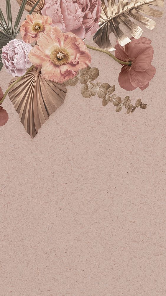 Aesthetic phone wallpaper, beige floral background