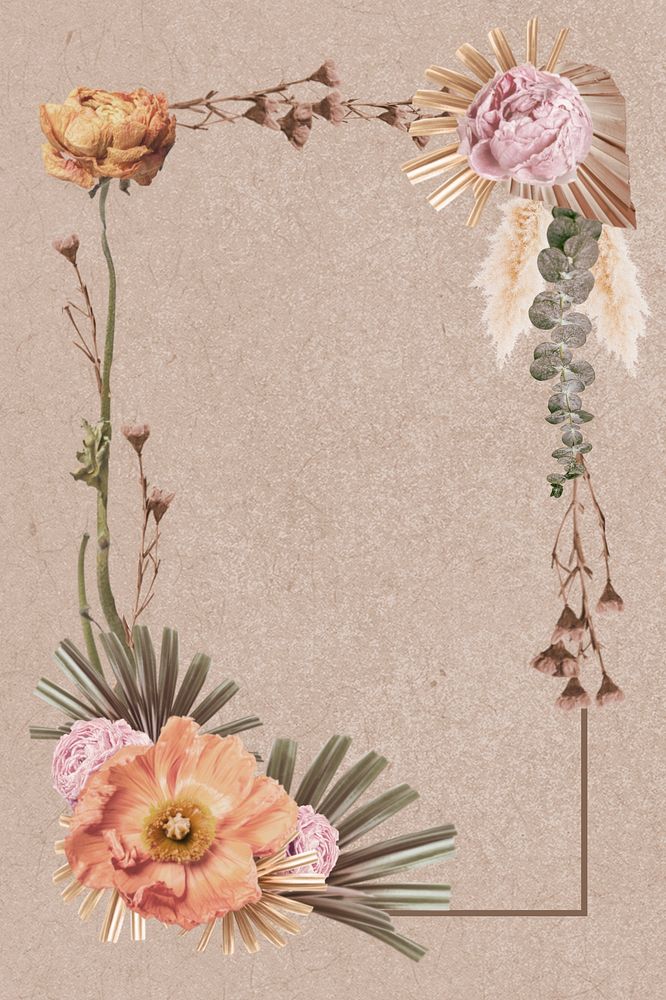 Pink flower frame, beige background psd