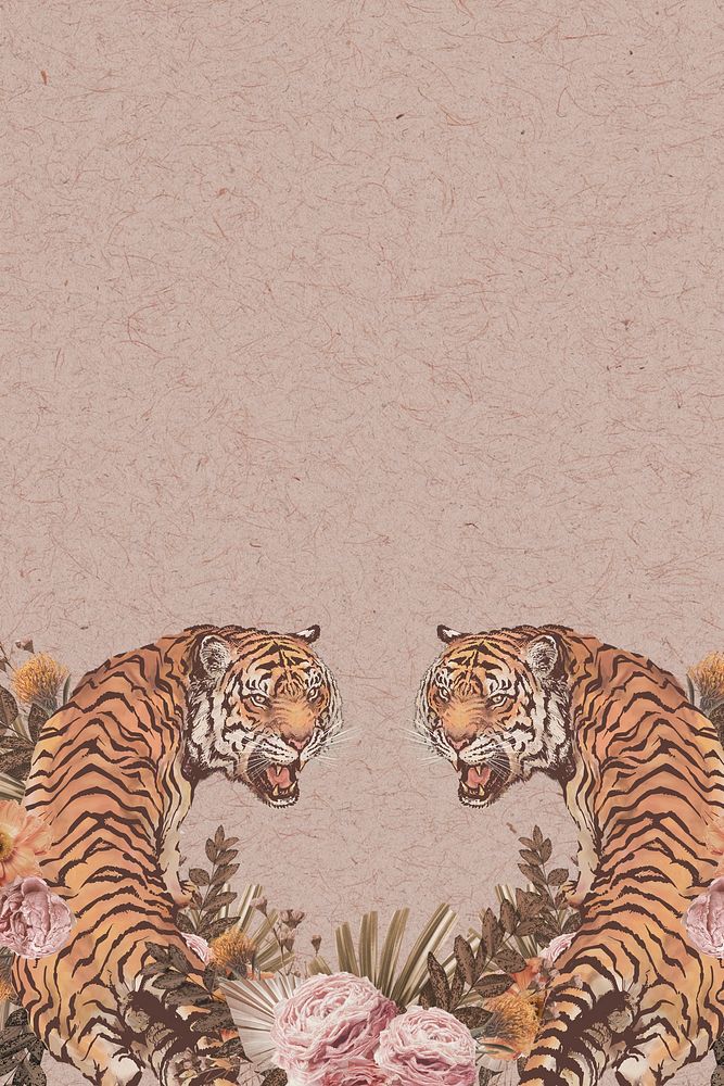 Wild tiger background, aesthetic pink floral design space