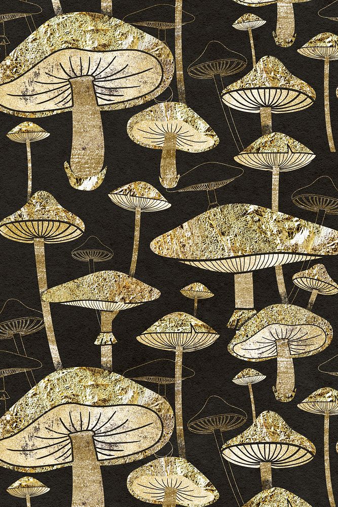 Gold mushroom pattern background, cottagecore design