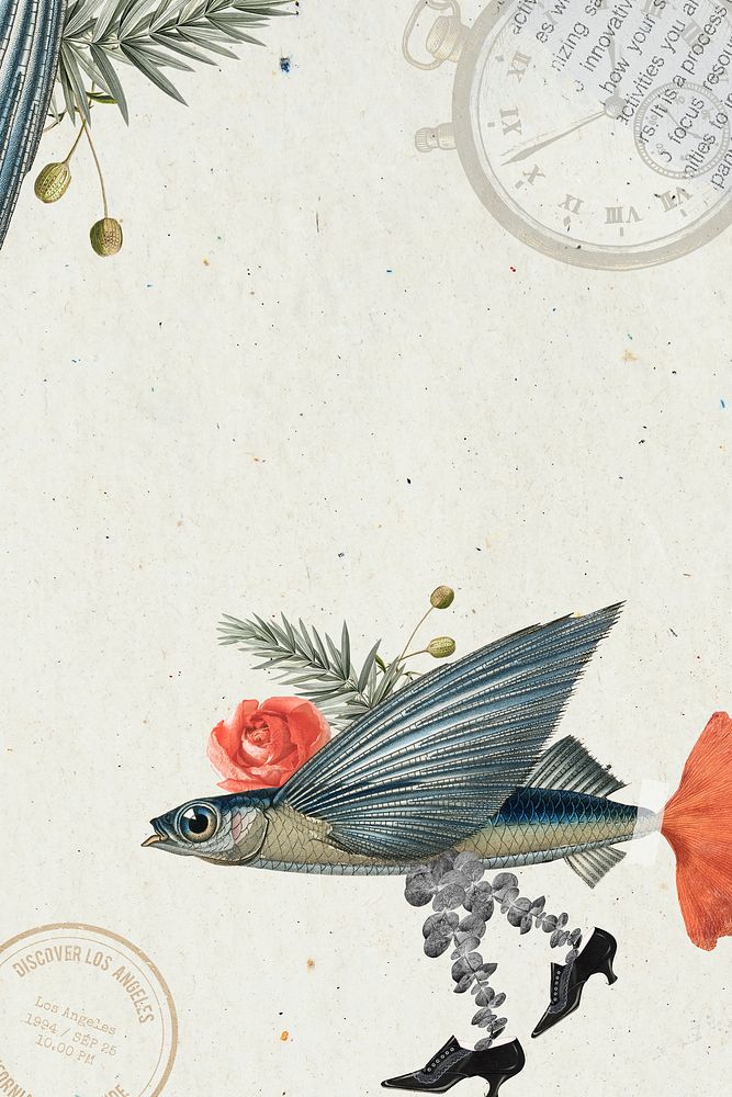 Fish illustration, animal collage scrapbook mixed media artwork