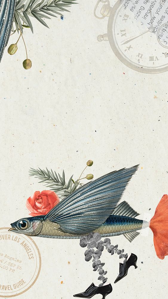 Flying fish iPhone wallpaper, vintage surreal collage scrapbook with flower background