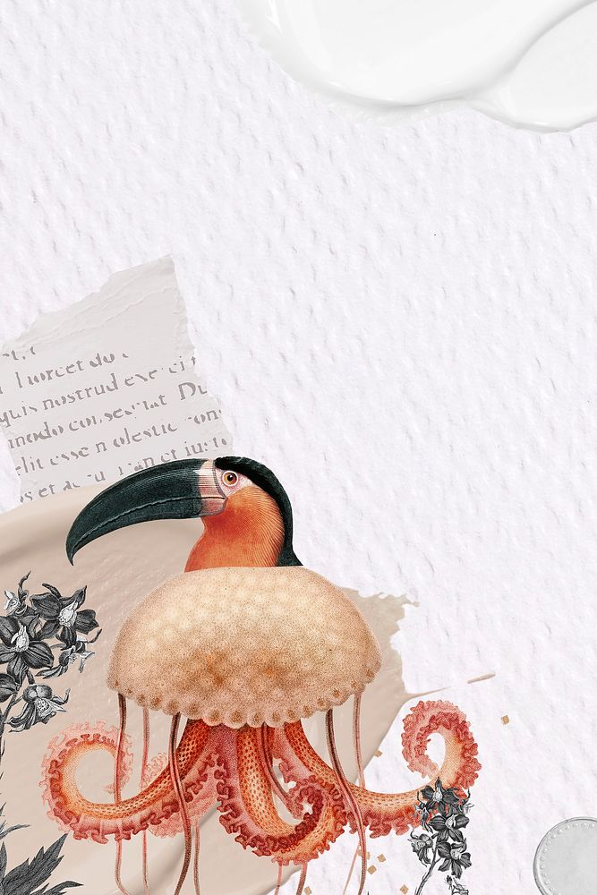Retro toucan bird illustration digital note, surreal hybrid animal scrapbook collage art element