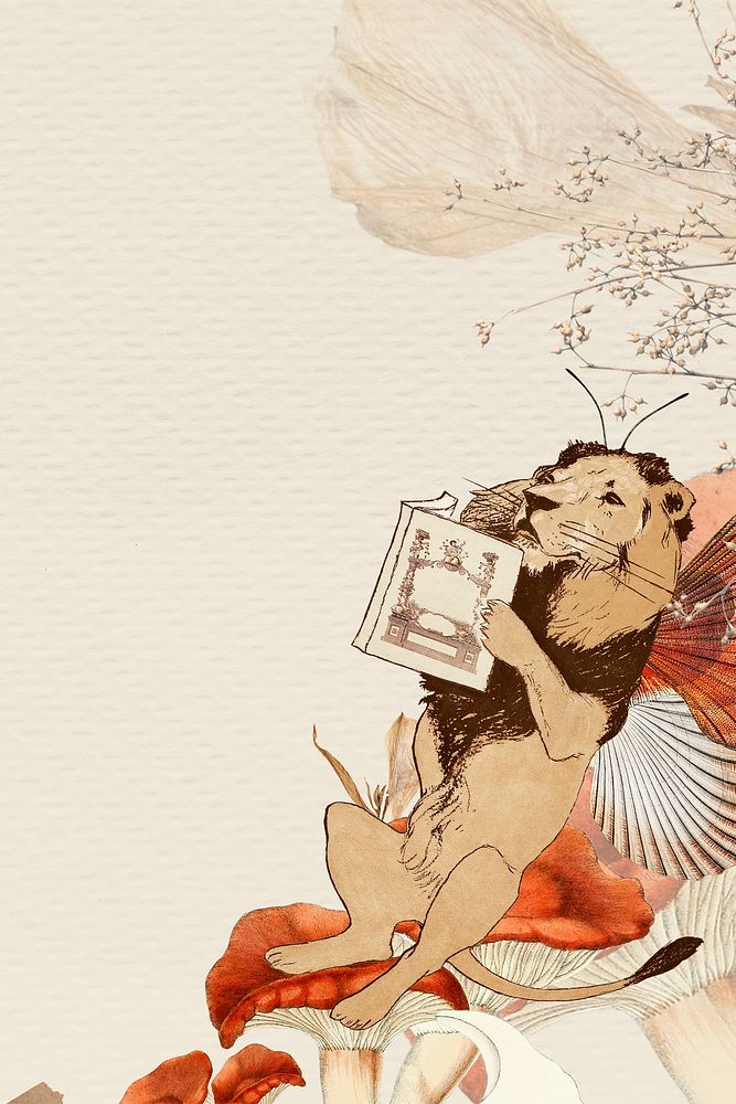 Lion illustration, animal collage scrapbook mixed media artwork