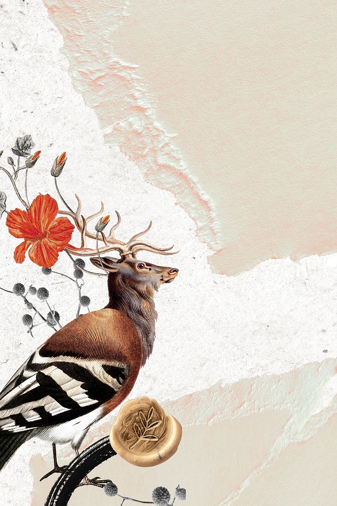 Deer and bird illustration, animal collage scrapbook mixed media artwork