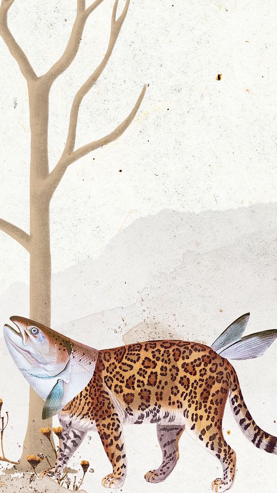 Leopard with fish head iPhone wallpaper, vintage surreal collage scrapbook artwork background