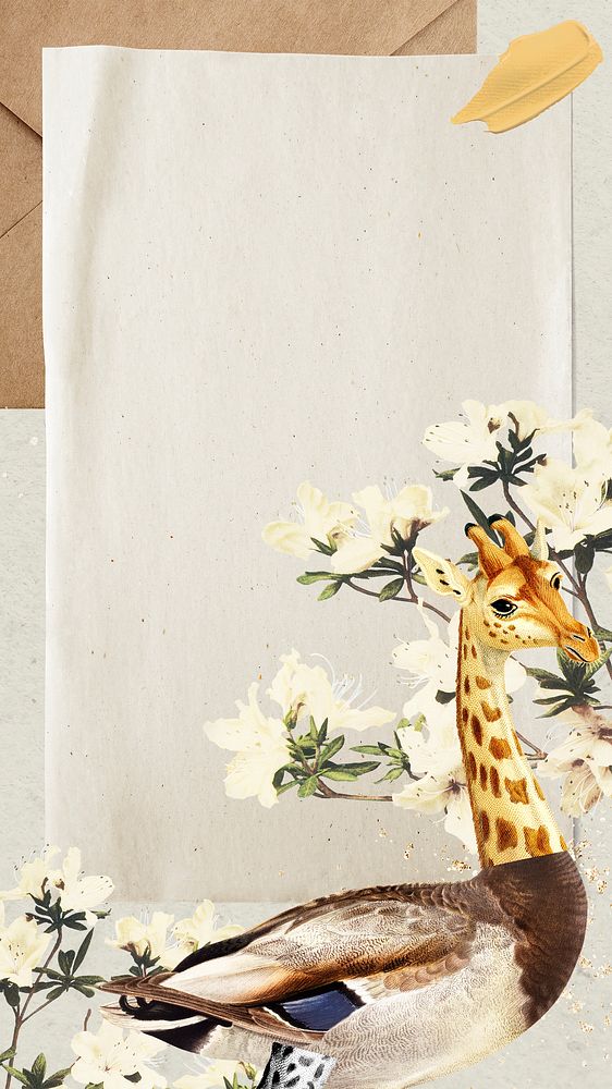 Giraffe ostrich iPhone wallpaper with frame, editable vintage surreal collage animal scrapbook artwork