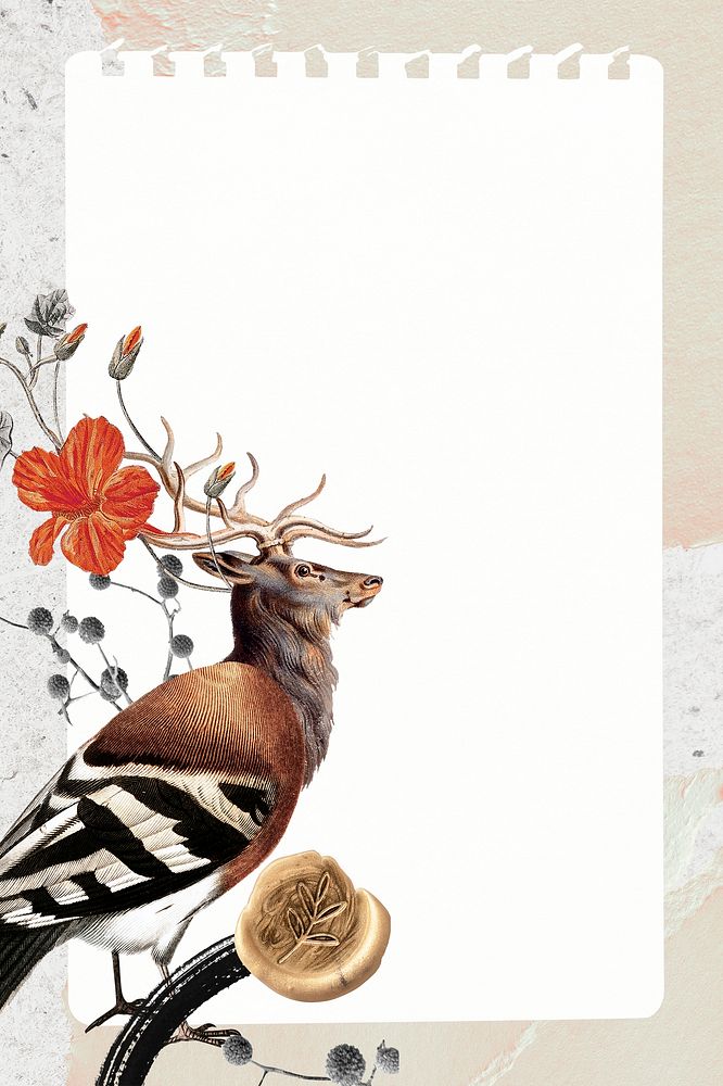 Retro deer illustration digital note, surreal hybrid animal scrapbook collage art element
