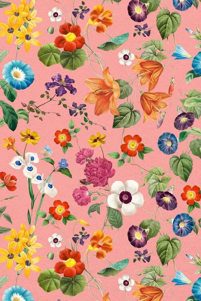 Colorful botanical pattern background, natural design, remixed from original artworks by Pierre Joseph Redouté