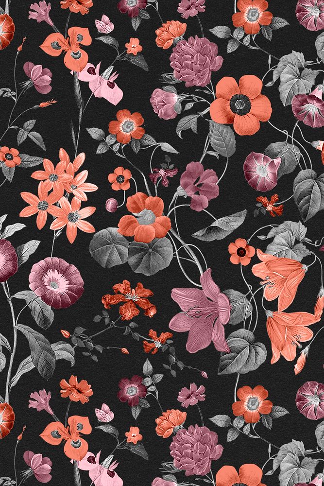 Botanical pattern black background, natural design, remixed from original artworks by Pierre Joseph Redout&eacute;
