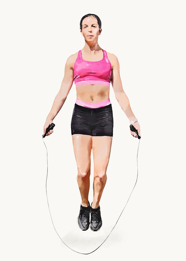Woman skipping rope, wellness watercolor illustration, full body vector