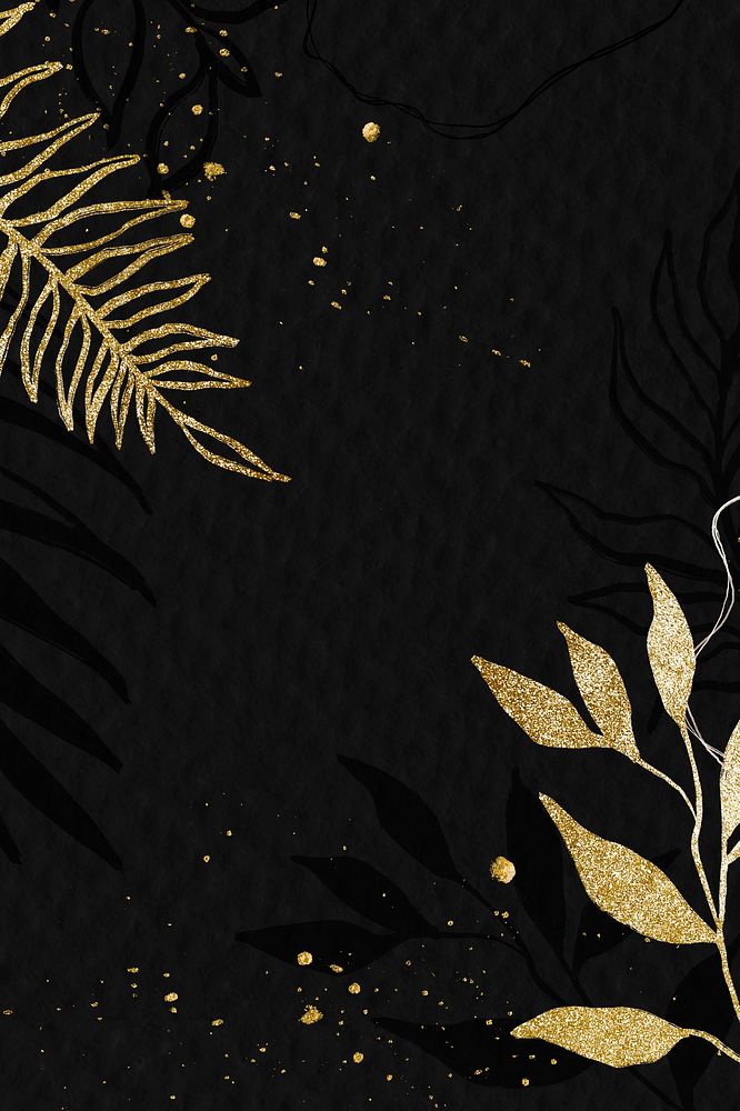 Botanical black background, gold leaf border design 