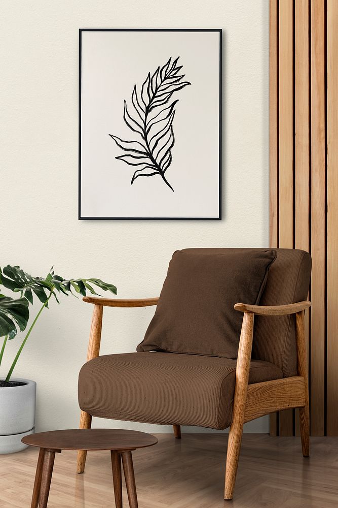 Wooden chair background, picture frame hanging on the wall in the living room