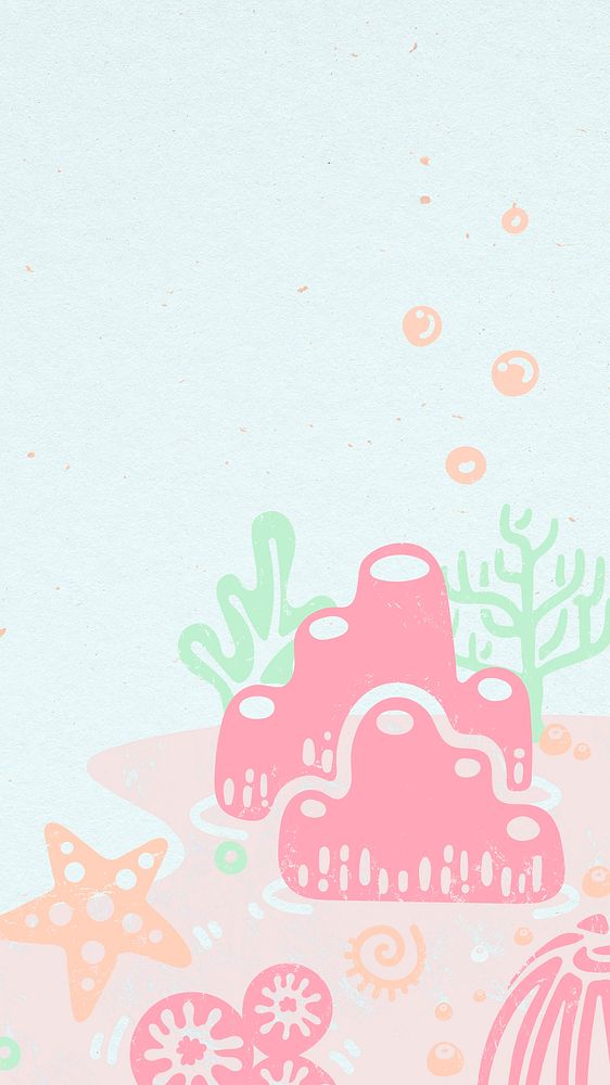 Cute underwater iPhone wallpaper, coral reef illustration in pastel colors