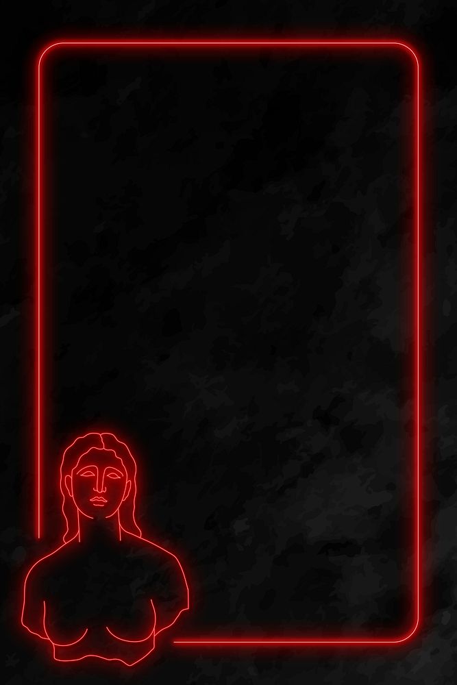 Aesthetic frame, glowing neon design in red, Greek statue psd