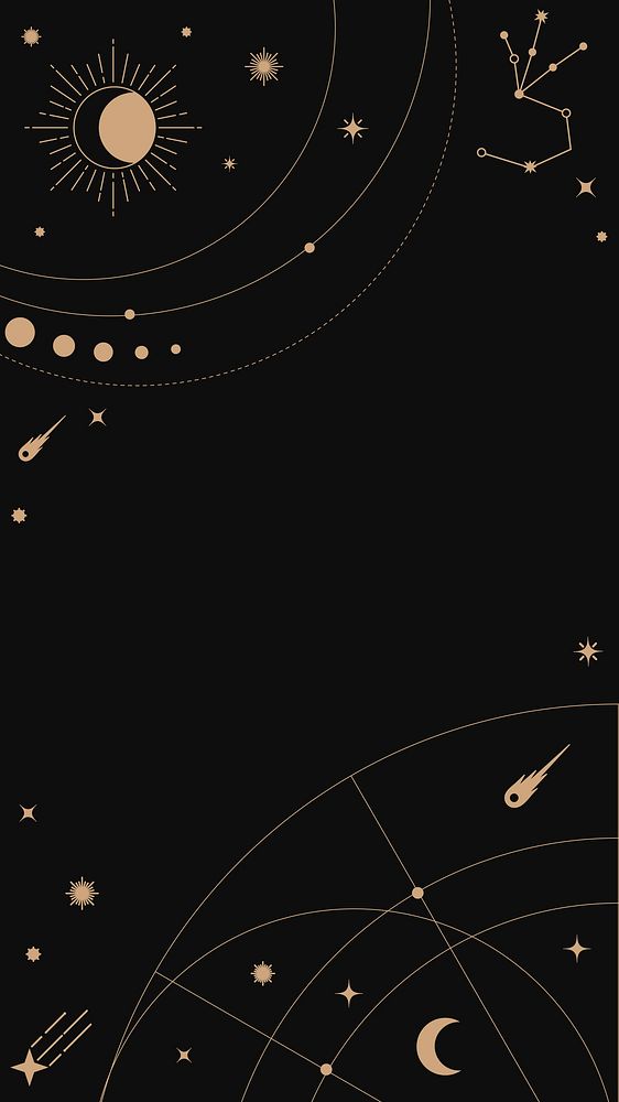 Dark sky frame phone wallpaper, aesthetic gold celestial line art design vector