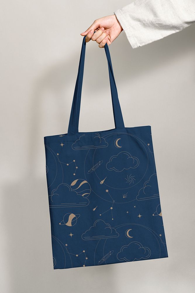 Eco-friendly tote bag with aesthetic dark blue celestial design 