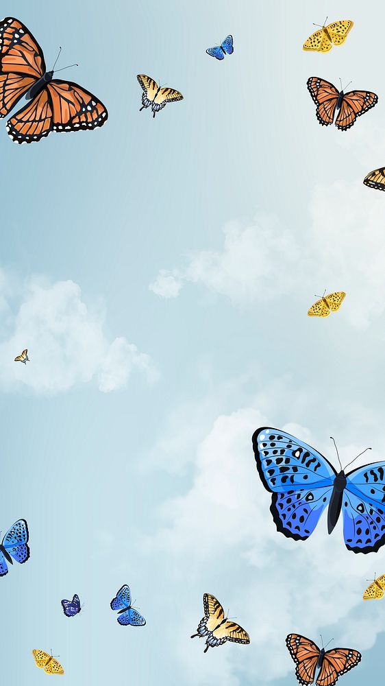 Blue sky mobile wallpaper, butterfly watercolor illustrations