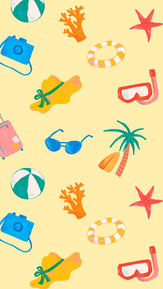 Tropical summer doodle pattern, yellow background