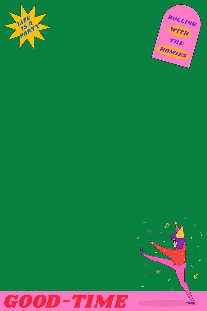 Cute border green background, partying cartoons illustration