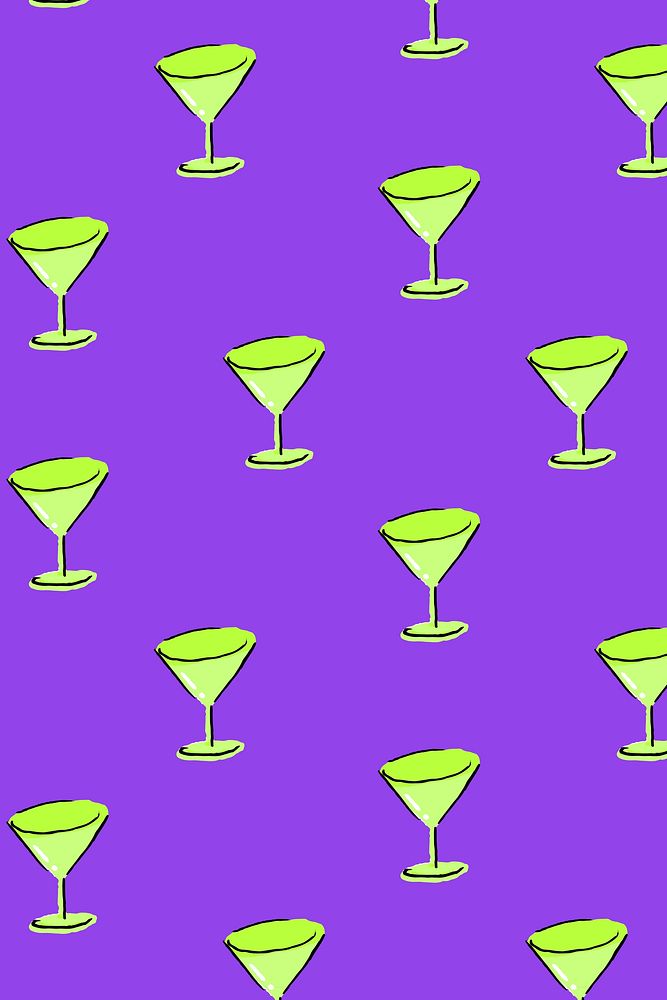 Martini glass pattern purple background, drawing illustration, seamless design