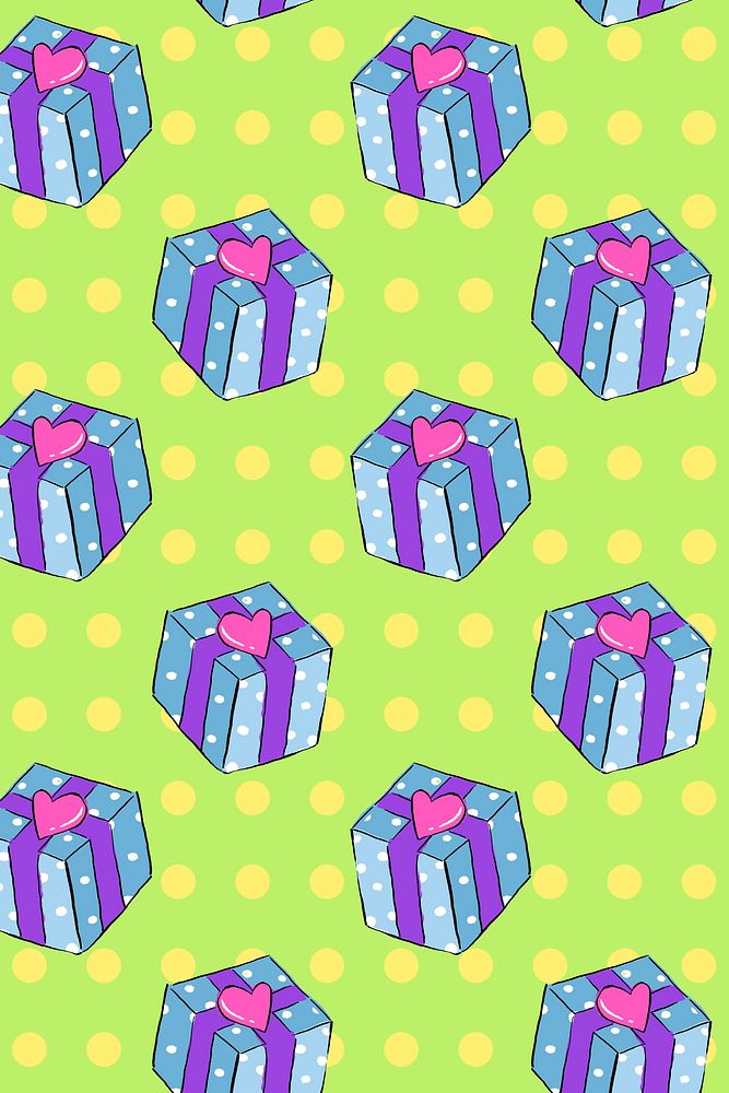 Cute present pattern green background, drawing illustration, seamless design