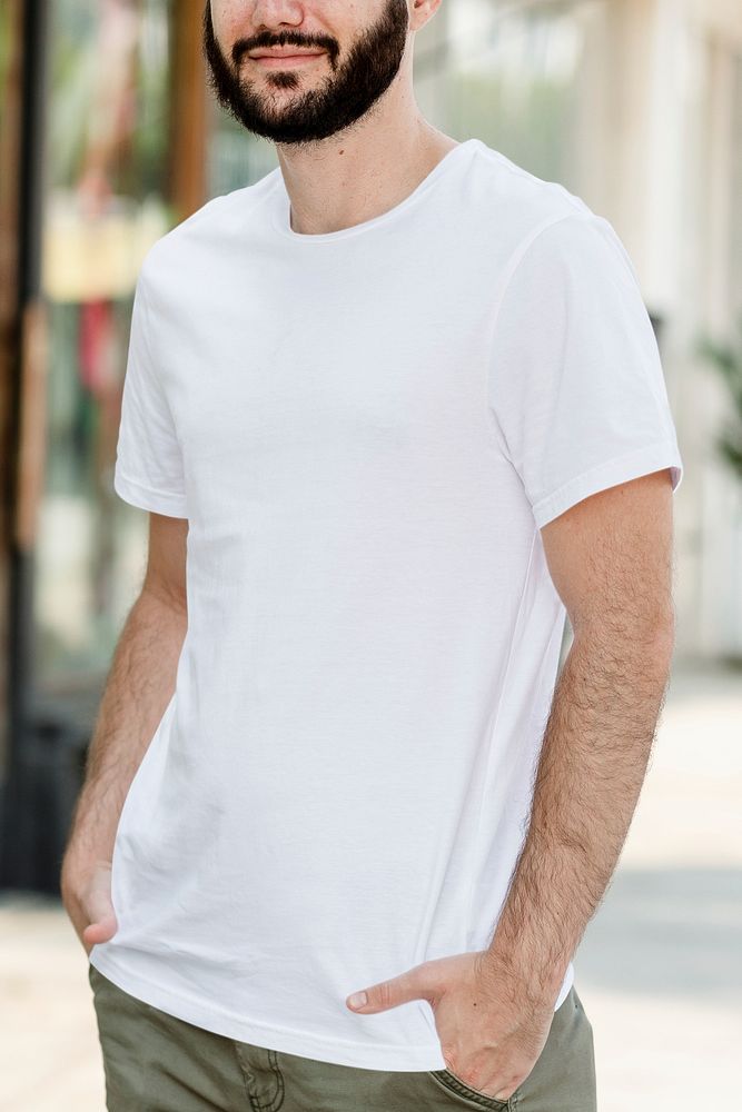 Bearded man in white tee, basic wear apparel fashion