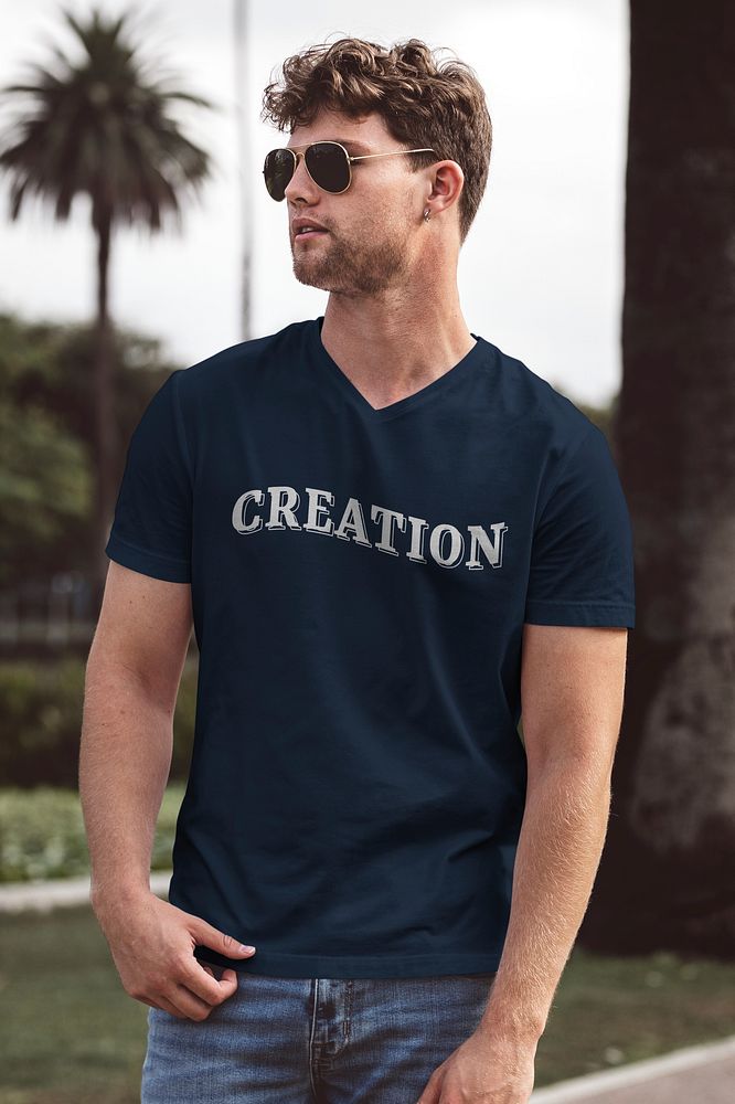 Man in navy blue tee and jeans, summer outfit