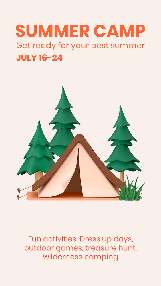 Summer camp Facebook story template, 3D design psd
