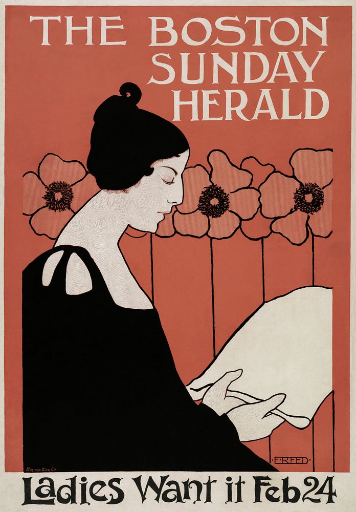 The Boston Sunday Herald (1895&ndash;1901) vintage poster of a woman reading a newspaper in art nouveau style in high…