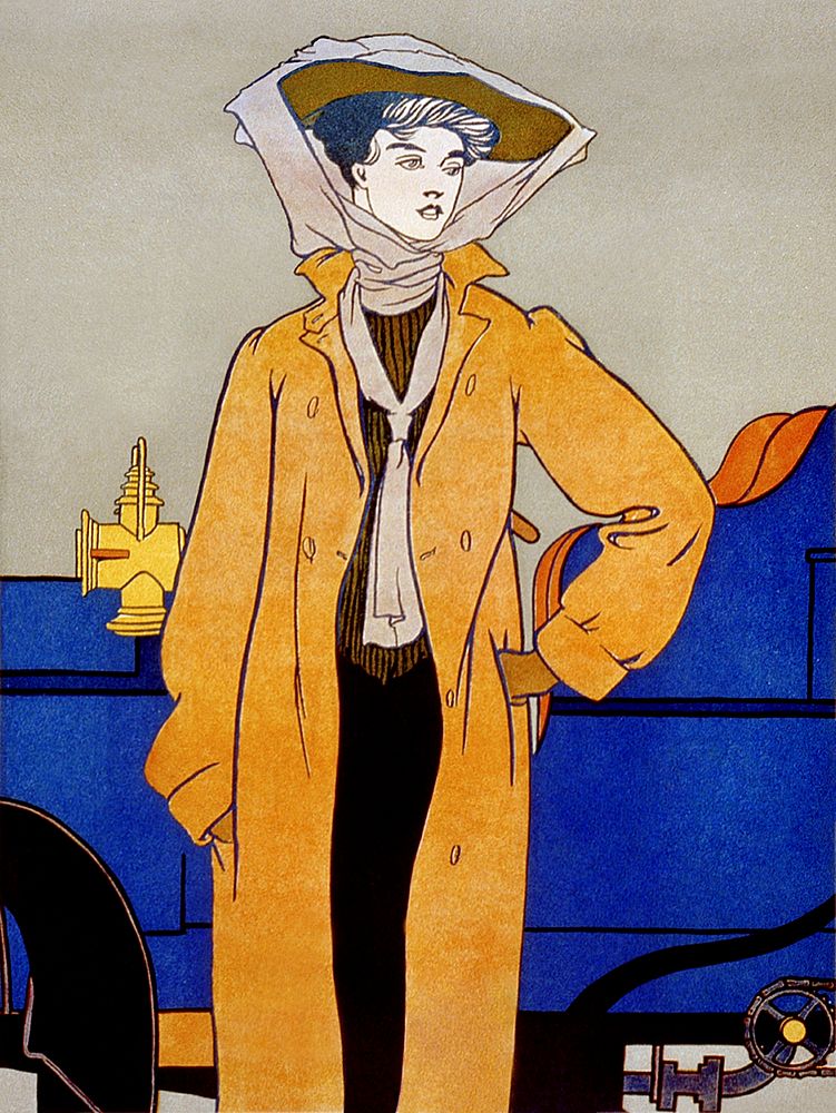 Woman in yellow driving coat, remixed from artworks by Edward Penfield