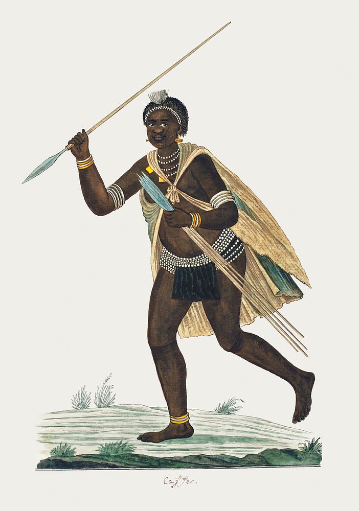 Running man holding an assegai in his right hand and four assegais in his left (1776&ndash;1795) painting in high resolution…