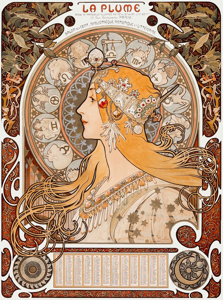 Alphonse Maria Mucha's Zodiaque or La Plume (ca. 1896&ndash;1897) by. Famous Art Nouveau artwork, original from The Art…