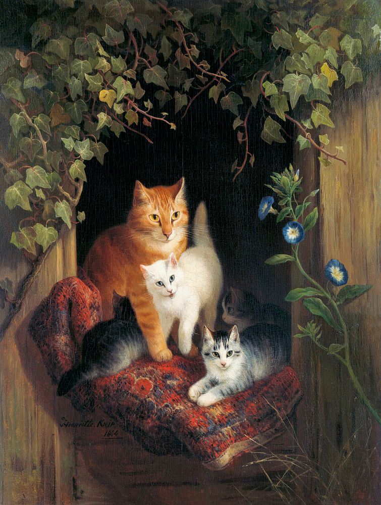 Cat with Kittens (1844) painting in high resolution by Henri&euml;tte Ronner. Original from The Rijksmuseum. Digitally…