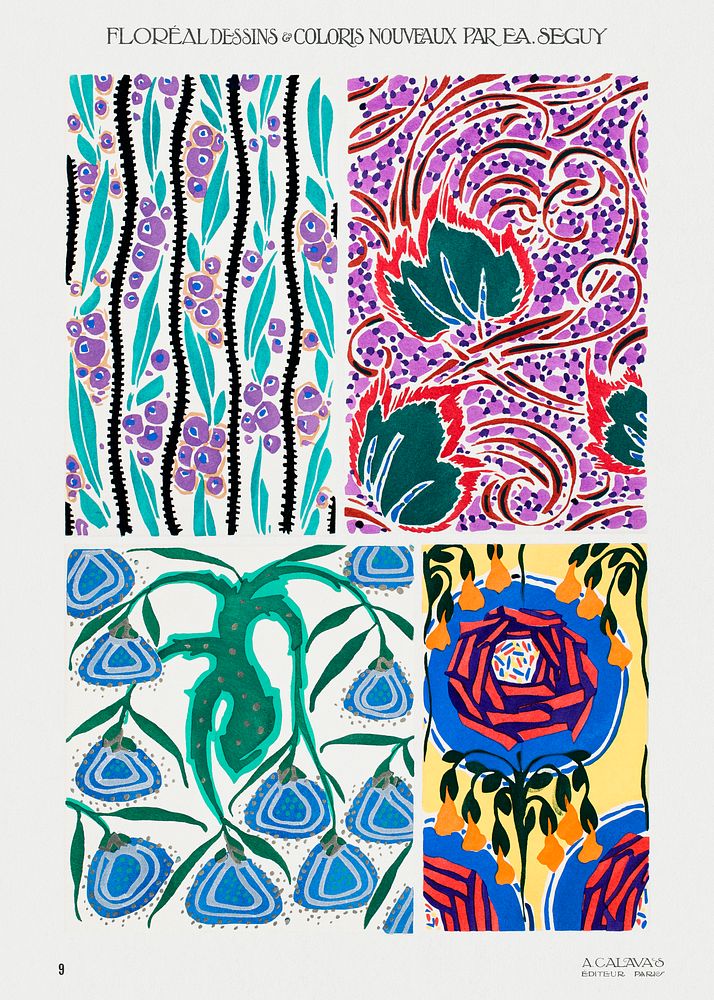 Vintage art deco & art nouveau pattern, plate no. 9. Digitally enhanced from our own original edition of Floréal: dessins…