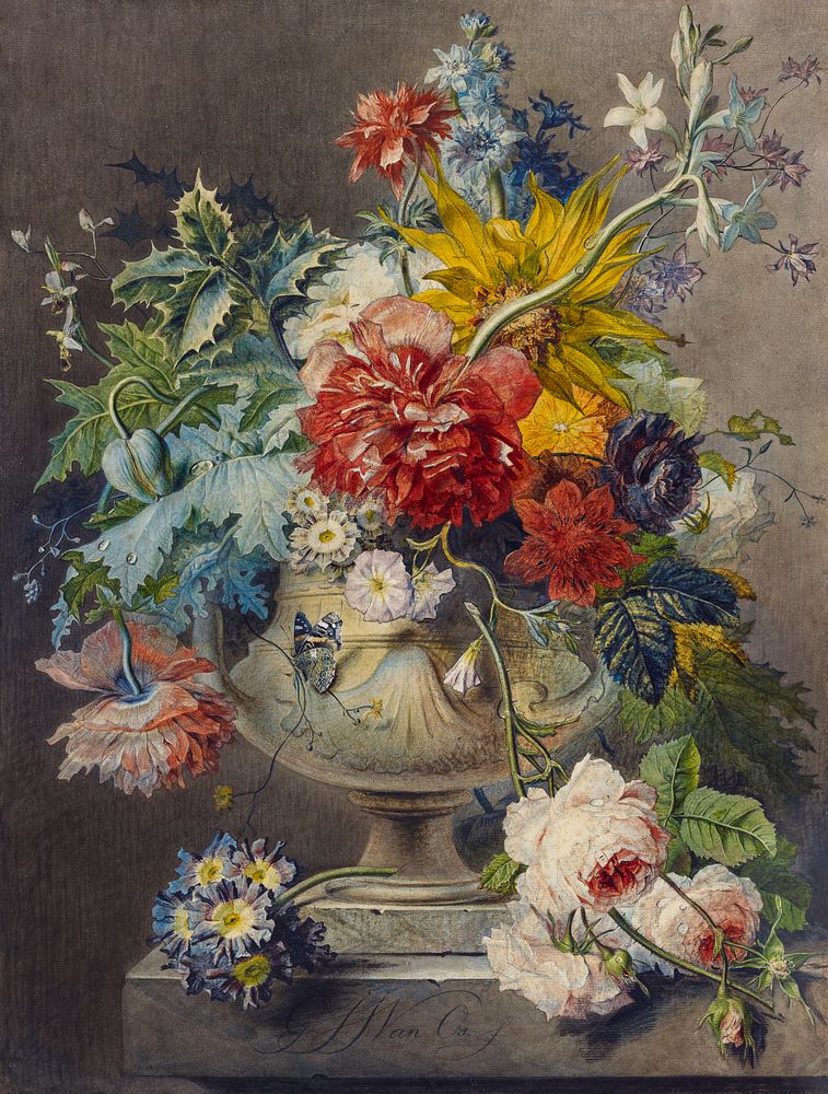 Bouquet of Flowers in a Vase (after 1802) painting in high resolution by Georgius Jacobus johannes van Os. Original from the…
