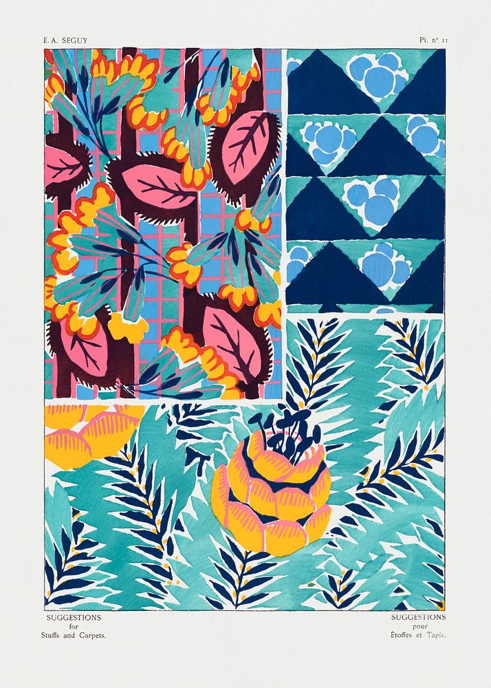 Vintage floral patterns, Art Nouveau flower pochoir stencil print for fabric and textile designs. Original from our own 1925…