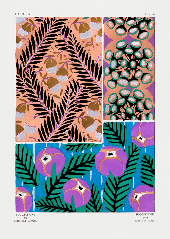 Vintage floral patterns, Art Nouveau flower pochoir stencil print for fabric and textile designs. Original from our own 1925…
